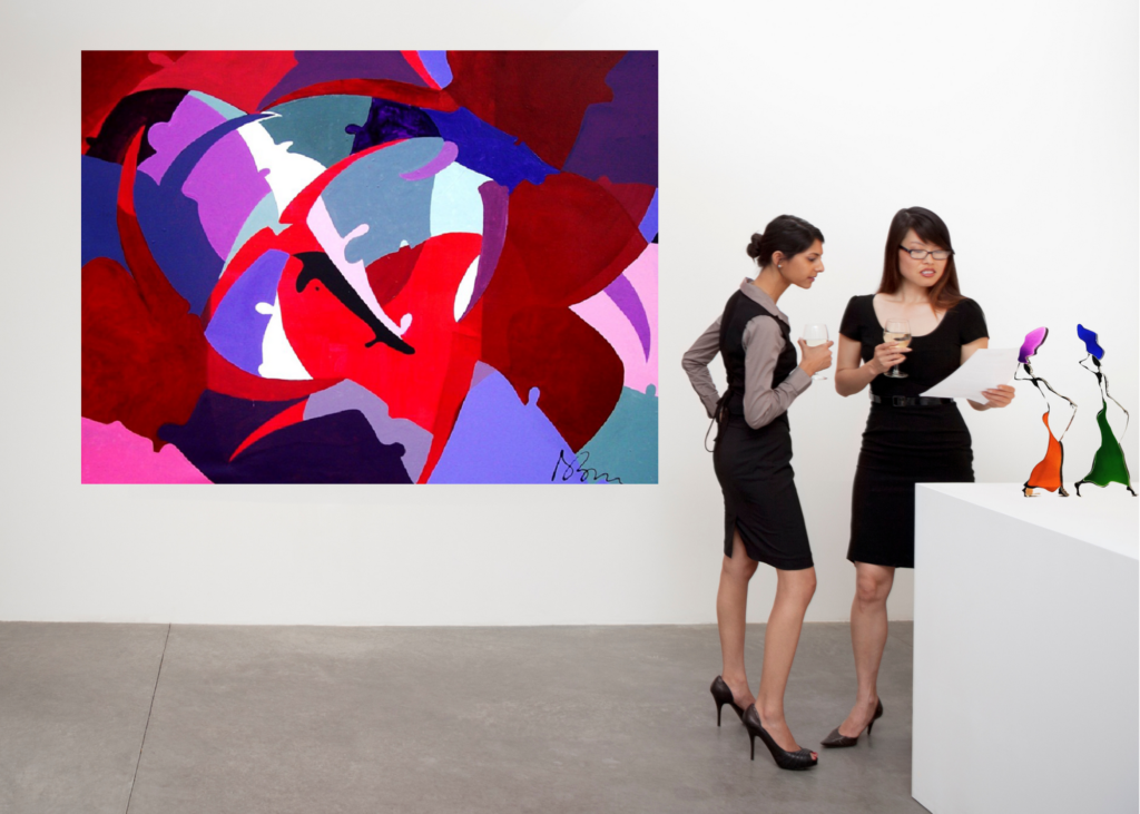 galleria-arte-michelangelo-del-brocco-opere-contemporanee-scultura-pittura-artista-quadro-horses-in-love-cavalli-amore-africa-illy-moderno-amazzone-plexiglass-tela-olio-tori-rossi-blu